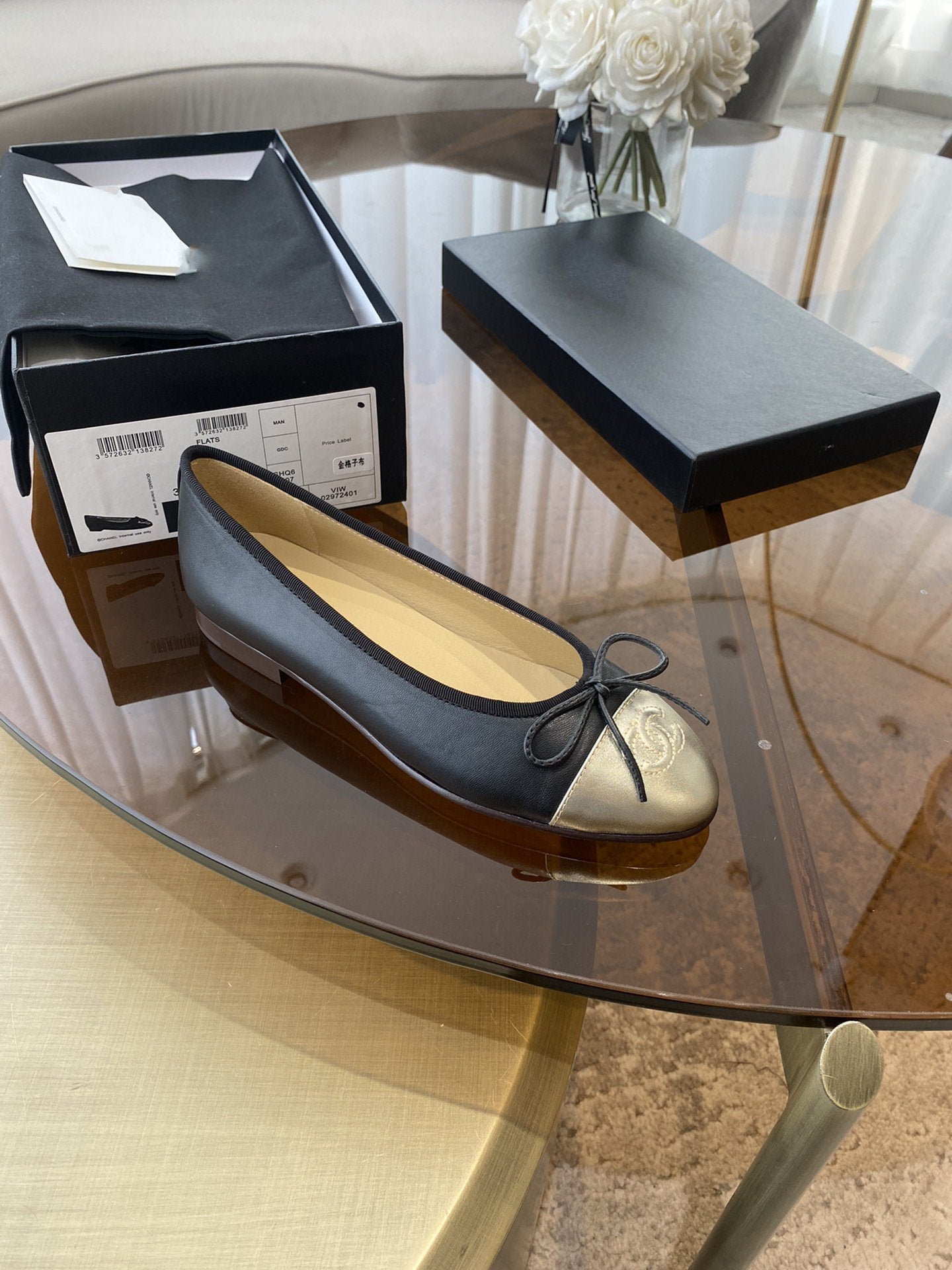 BALLET FLATS BLACK LIGHT GOLD LAMBSKIN - 35