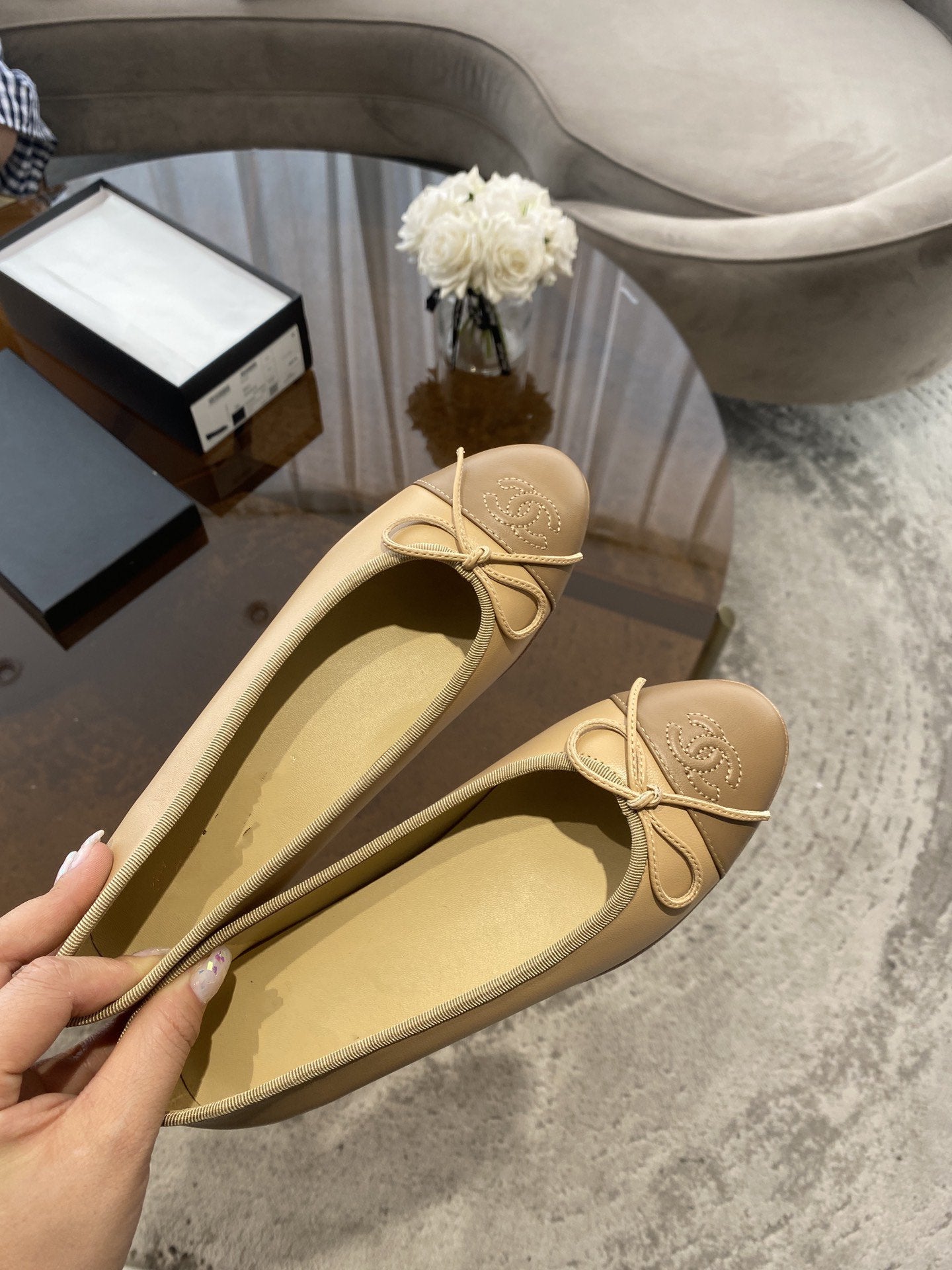 BALLET FLATS BEIGE BROWN LAMBSKIN - 35