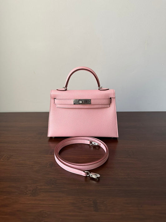 HM KELLY MINI 19 PINK CHEVRE SILVER HARDWARE
