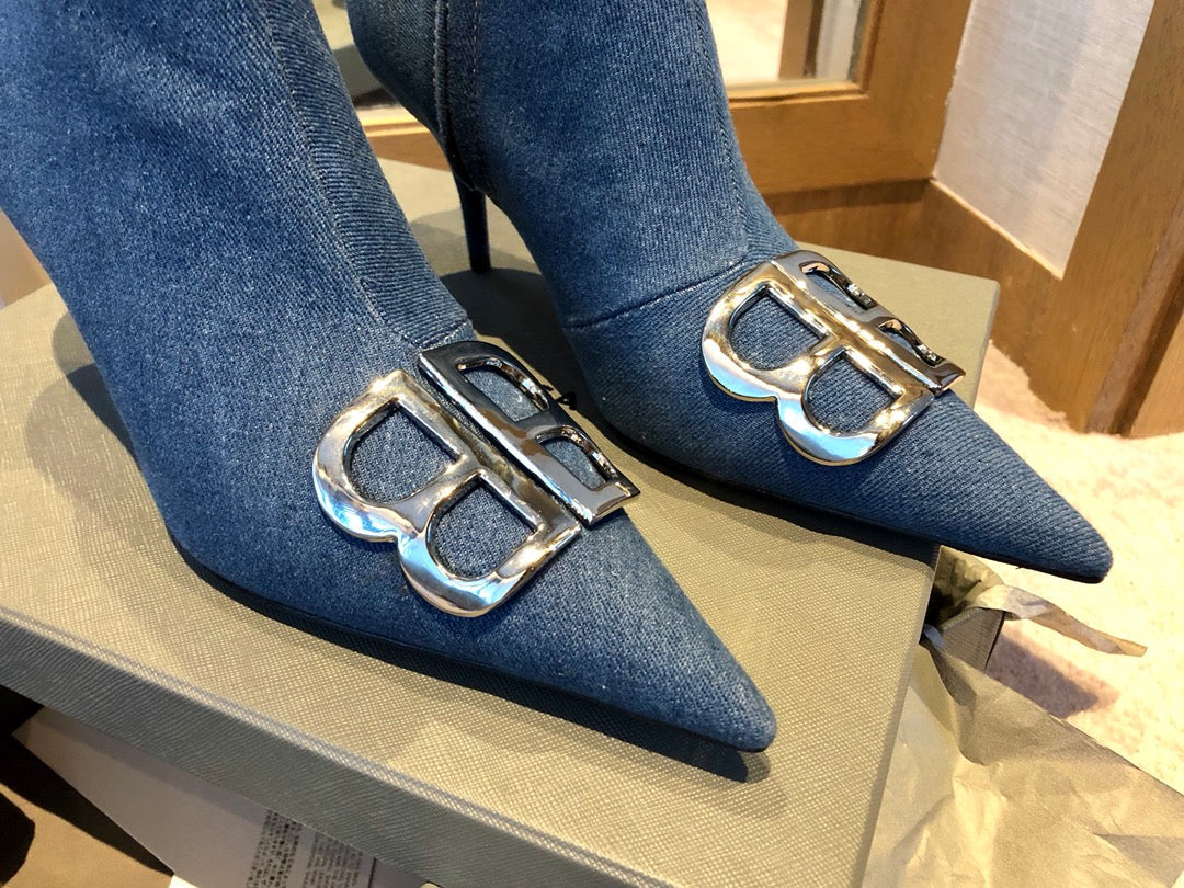 POINTED-TOE HIGH HEEL 80 MM ANKLE BOOTS IN BLUE DENIM - 34