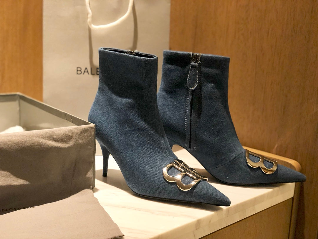 POINTED-TOE HIGH HEEL 80 MM ANKLE BOOTS IN BLUE DENIM - 34