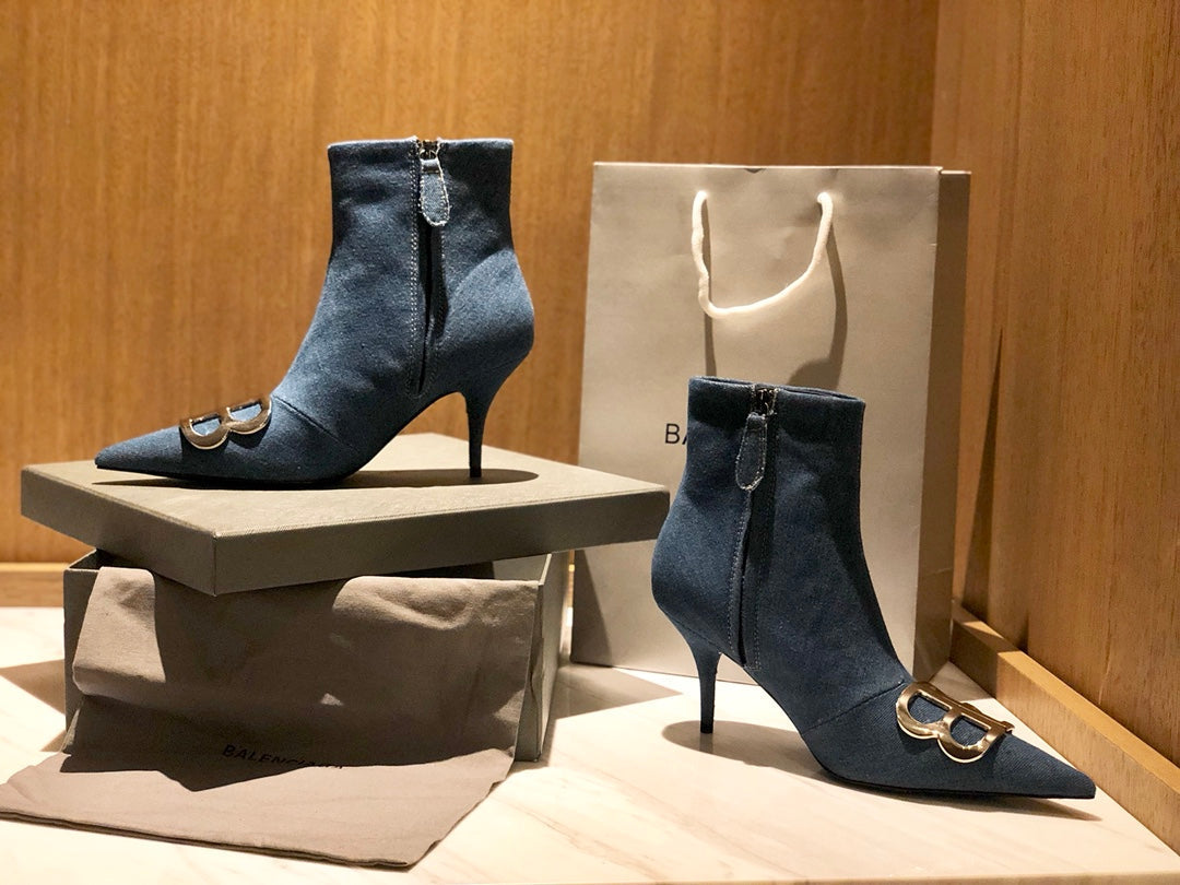 POINTED-TOE HIGH HEEL 80 MM ANKLE BOOTS IN BLUE DENIM - 34