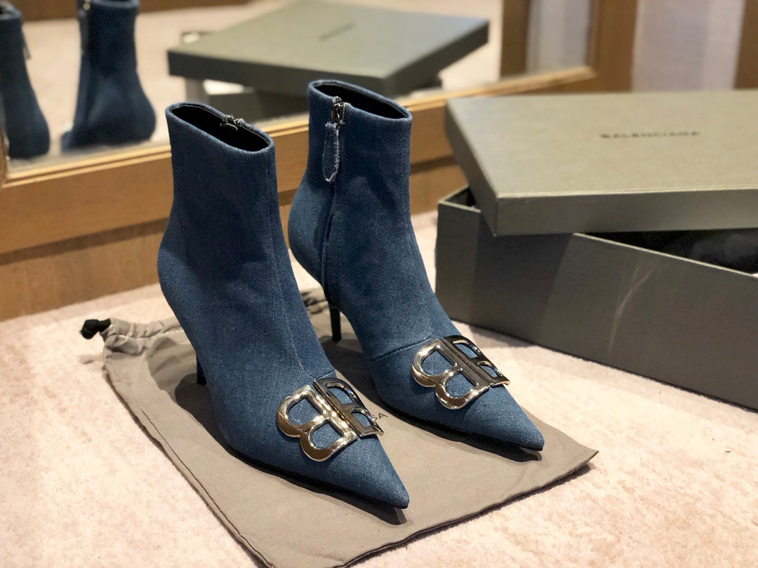 POINTED-TOE HIGH HEEL 80 MM ANKLE BOOTS IN BLUE DENIM - 34