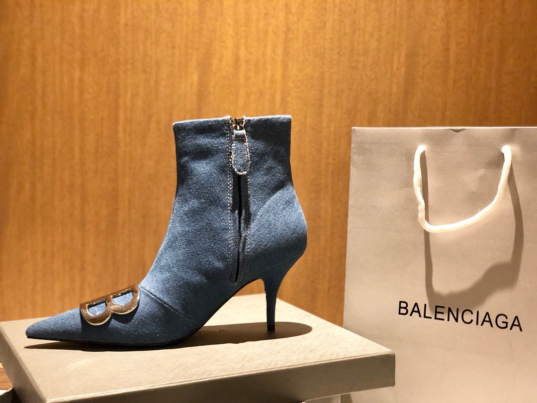 POINTED-TOE HIGH HEEL 80 MM ANKLE BOOTS IN BLUE DENIM - 34