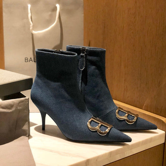 POINTED-TOE HIGH HEEL 80 MM ANKLE BOOTS IN BLUE DENIM - 34