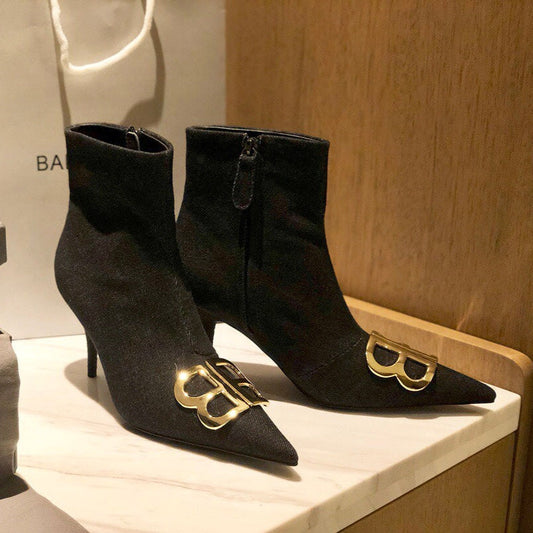 POINTED-TOE HIGH HEEL 80 MM ANKLE BOOTS IN BLACK DENIM - 34