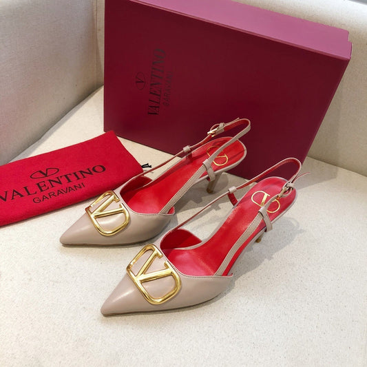 VLOGO SIGNATURE PALE PINK CALFSKIN HIGH SLINGBACK PUMP 7 CM WITH GOLD LOGO - 34