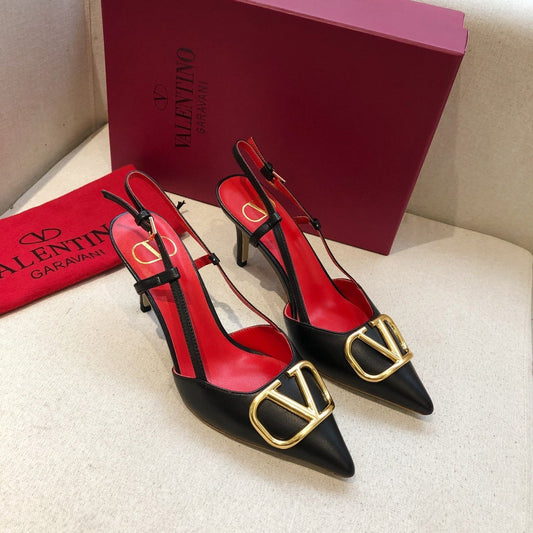 VLOGO SIGNATURE BLACK CALFSKIN HIGH SLINGBACK PUMP 7 CM WITH GOLD LOGO - 34