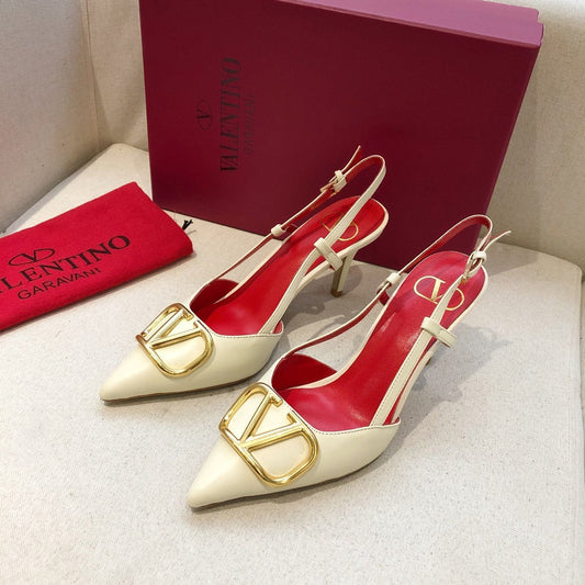 VLOGO SIGNATURE WHITE CALFSKIN HIGH SLINGBACK PUMP 7 CM WITH GOLD LOGO - 34