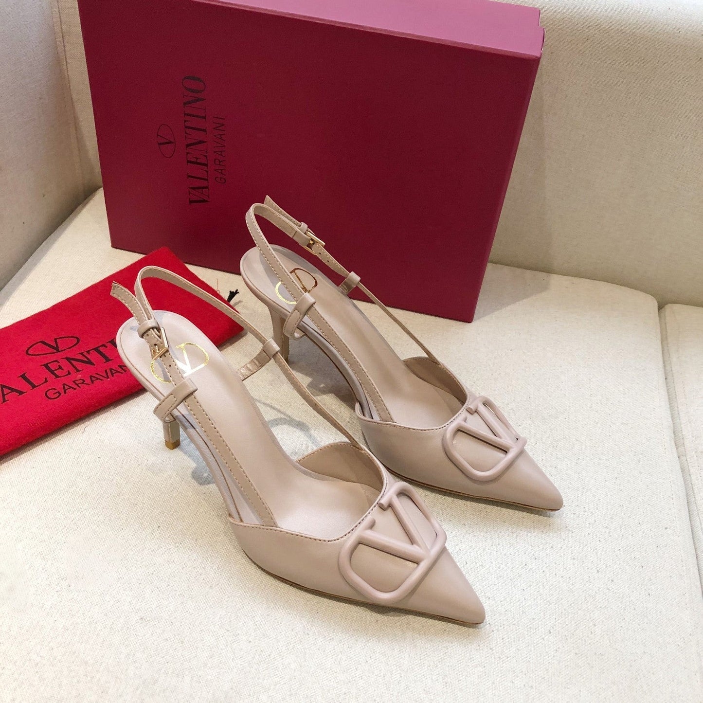 VLOGO SIGNATURE LIGHT PINK CALFSKIN HIGH SLINGBACK PUMP 7 CM - 34
