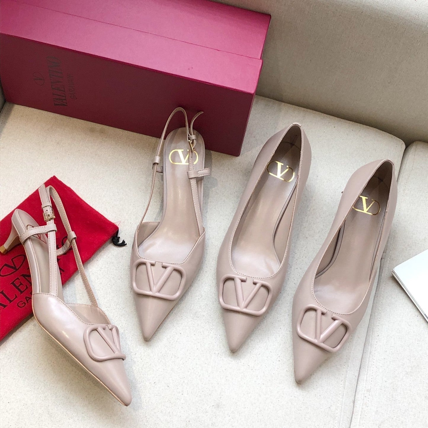 VLOGO SIGNATURE PALE PINK CALFSKIN HIGH SLINGBACK PUMP 4 CM - 34