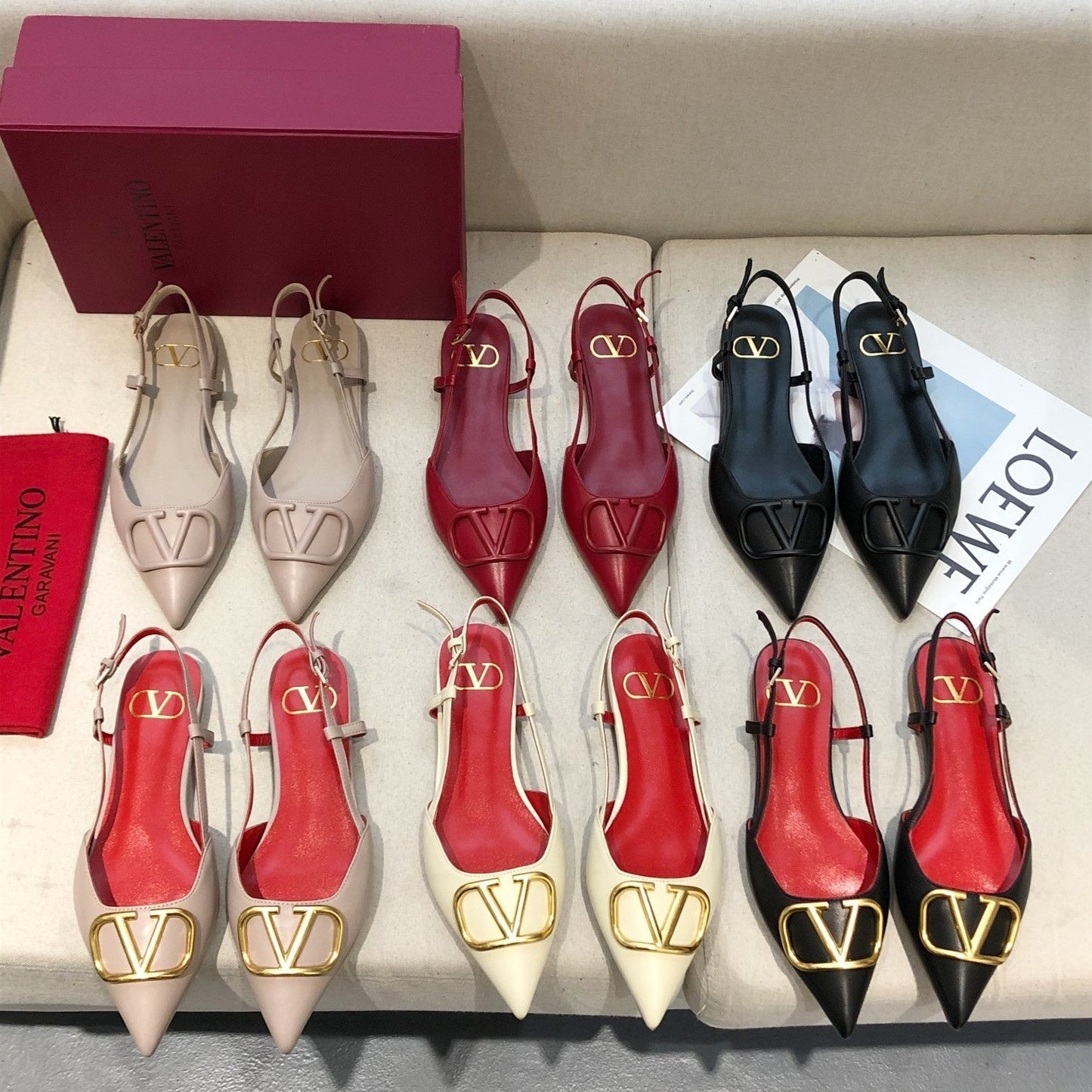 VLOGO SIGNATURE CHERRY RED CALFSKIN FLAT SLINGBACK PUMP - 34