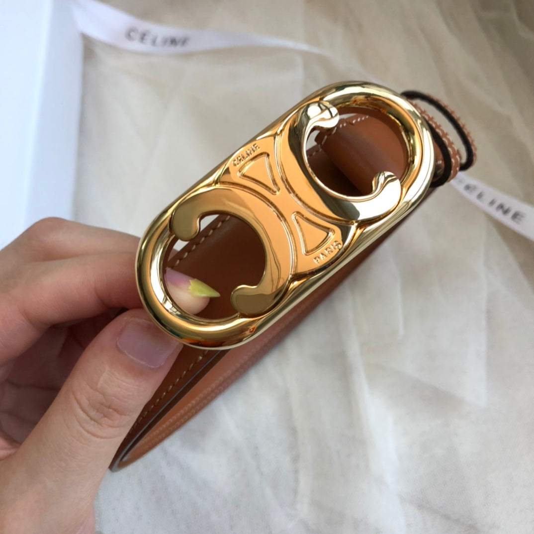 CELINE 25S TRIOMPHE BELT 25MM IN CARAMEL CALFSKIN GOLD HARDWARE 585858 - 26 - 28