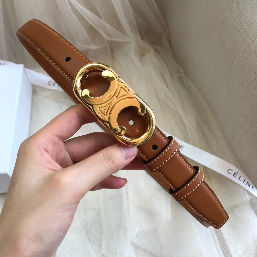 CELINE 25S BELT 25MM IN DARK CARAMEL CALFSKIN GOLD HARDWARE 562437 - 26 - 28