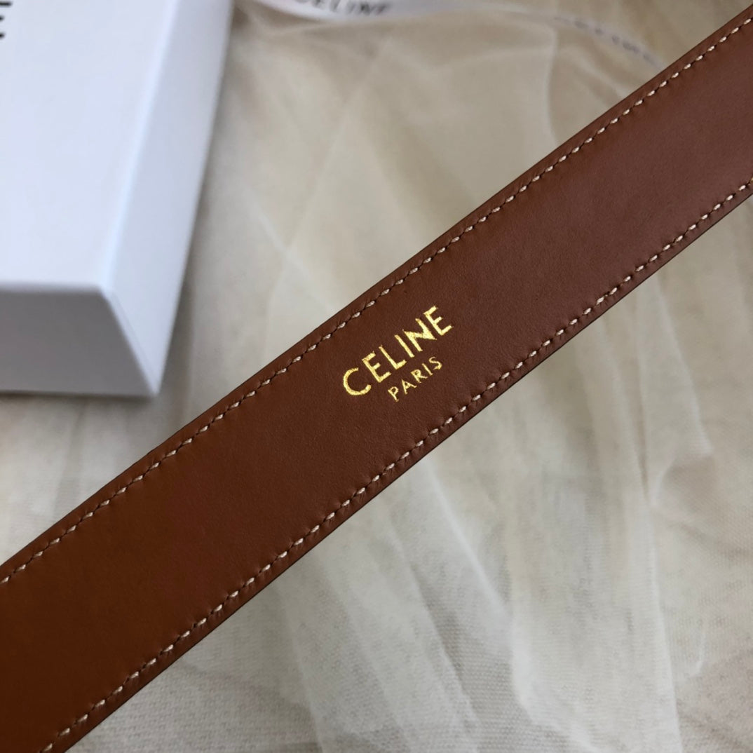 CELINE 25S BELT 25MM IN DARK CARAMEL CALFSKIN GOLD HARDWARE 562437 - 26 - 28