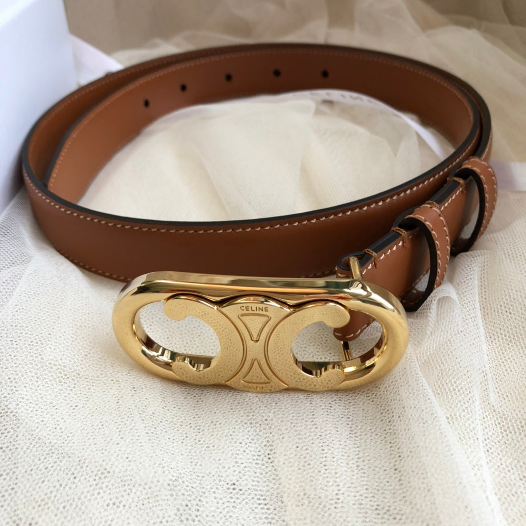 CELINE 25S BELT 25MM IN DARK CARAMEL CALFSKIN GOLD HARDWARE 562437 - 26 - 28