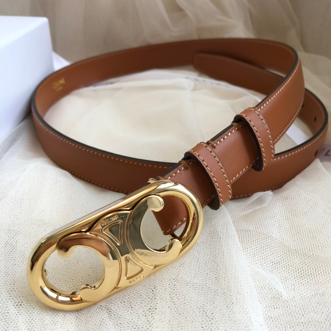 CELINE 25S BELT 25MM IN DARK CARAMEL CALFSKIN GOLD HARDWARE 562437 - 26 - 28