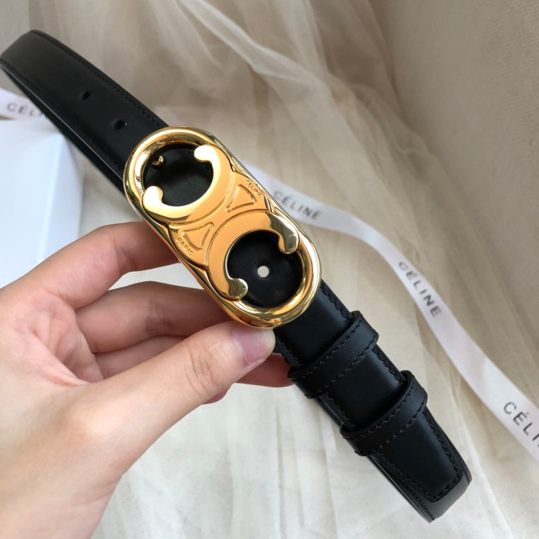 CELINE 25S TRIOMPHE BELT 25MM IN BLACK CALFSKIN GOLD HARDWARE 585857 - 26 - 28