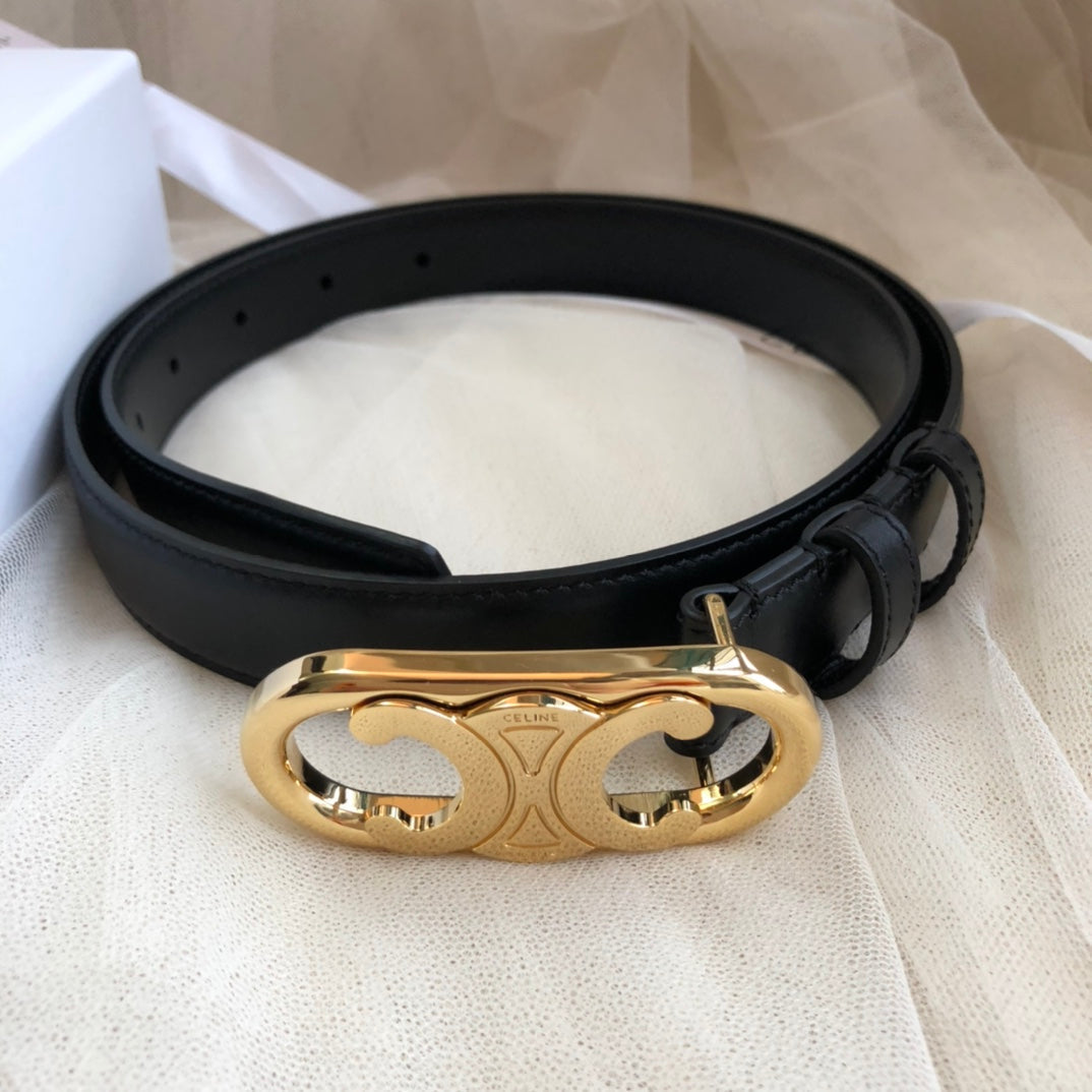 CELINE 25S TRIOMPHE BELT 25MM IN BLACK CALFSKIN GOLD HARDWARE 585857 - 26 - 28