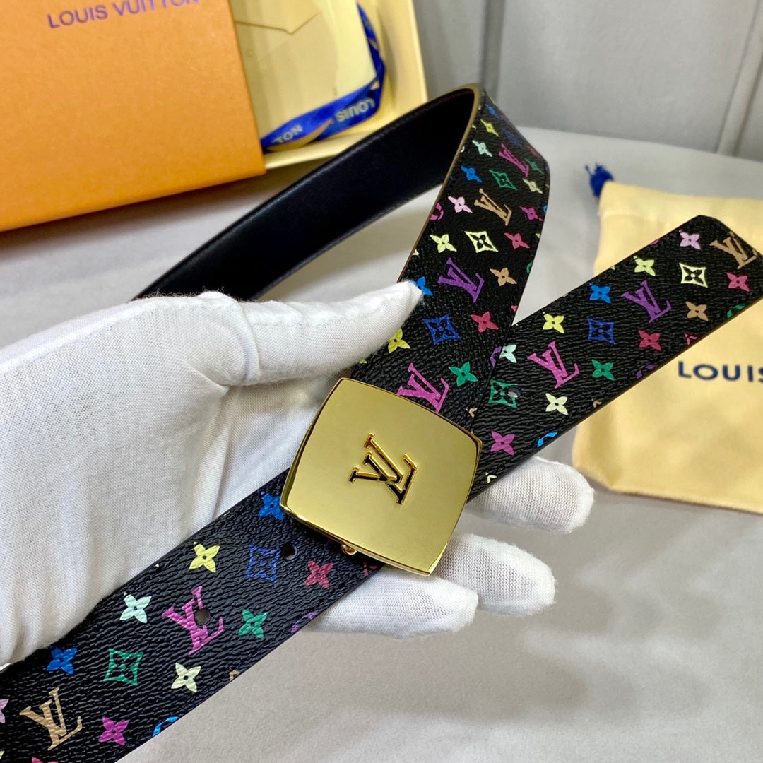 LV 35 MM BELT MULTICOLOR MIX BLACK MONOGRAM CALFSKIN GOLD HARDWARE - 30
