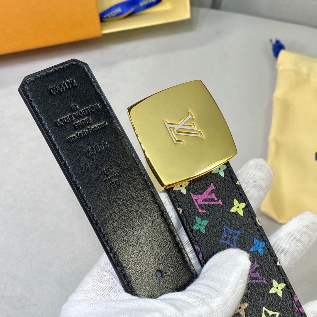 LV 35 MM BELT MULTICOLOR MIX BLACK MONOGRAM CALFSKIN GOLD HARDWARE - 30