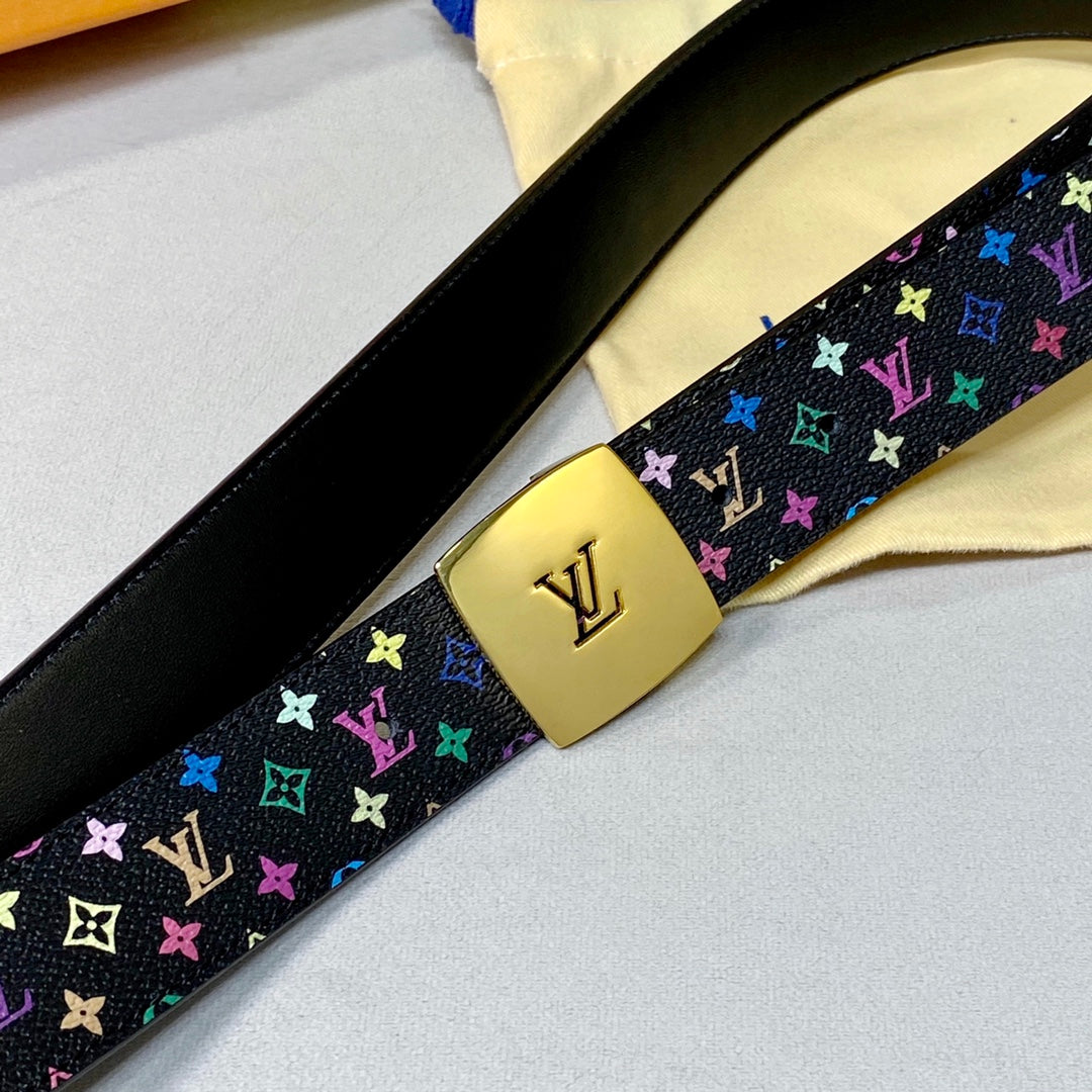 LV 35 MM BELT MULTICOLOR MIX BLACK MONOGRAM CALFSKIN GOLD HARDWARE - 30
