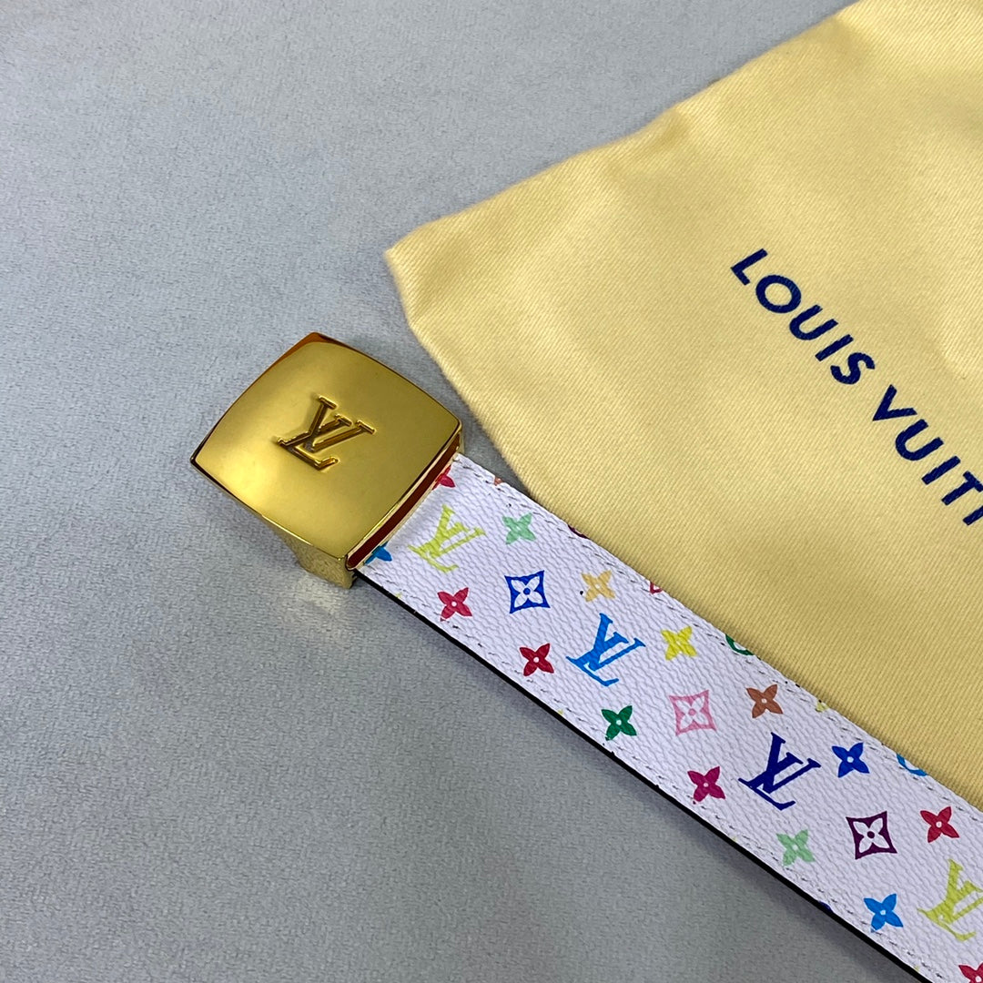 LV 35 MM BELT MULTICOLOR WHITE MIX LIGHT PINK MONOGRAM CALFSKIN GOLD HARDWARE - 30