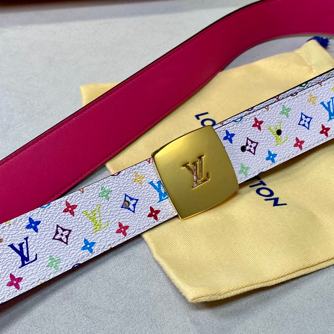 LV 35 MM BELT MULTICOLOR WHITE MIX LIGHT PINK MONOGRAM CALFSKIN GOLD HARDWARE - 30