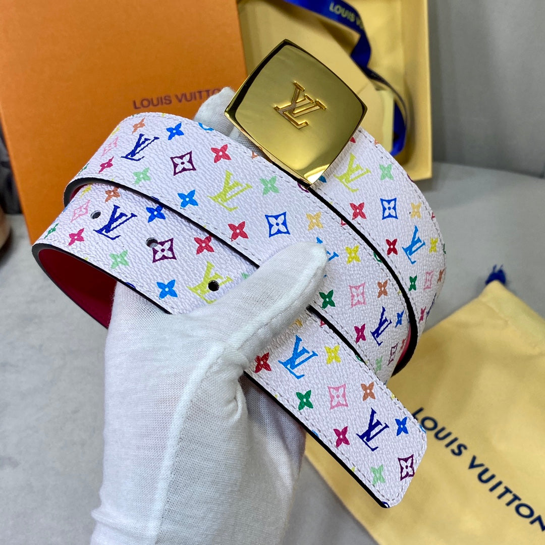 LV 35 MM BELT MULTICOLOR WHITE MIX LIGHT PINK MONOGRAM CALFSKIN GOLD HARDWARE - 30