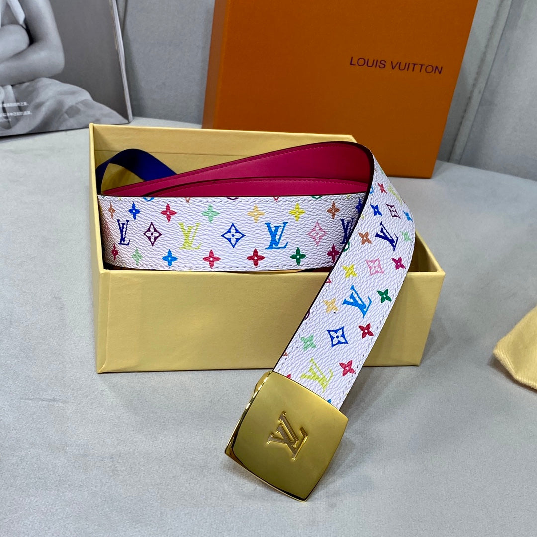 LV 35 MM BELT MULTICOLOR WHITE MIX LIGHT PINK MONOGRAM CALFSKIN GOLD HARDWARE - 30