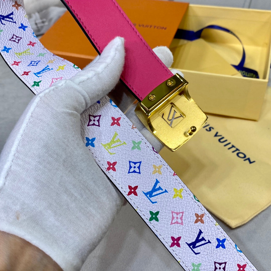 LV 35 MM BELT MULTICOLOR WHITE MIX LIGHT PINK MONOGRAM CALFSKIN GOLD HARDWARE - 30