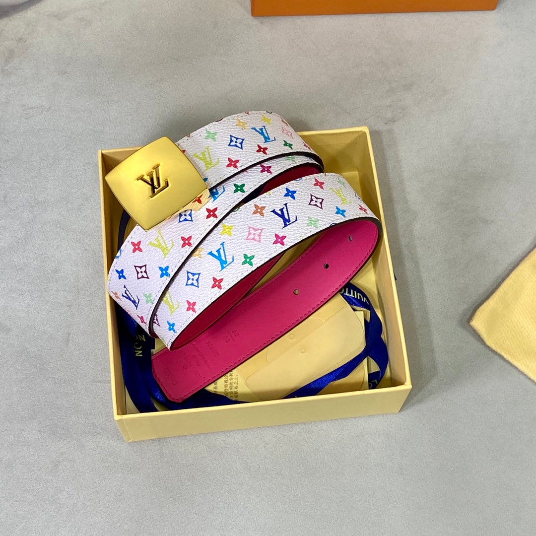 LV 35 MM BELT MULTICOLOR WHITE MIX LIGHT PINK MONOGRAM CALFSKIN GOLD HARDWARE - 30