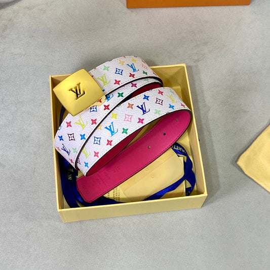 LV 35 MM BELT MULTICOLOR WHITE MIX LIGHT PINK MONOGRAM CALFSKIN GOLD HARDWARE - 30