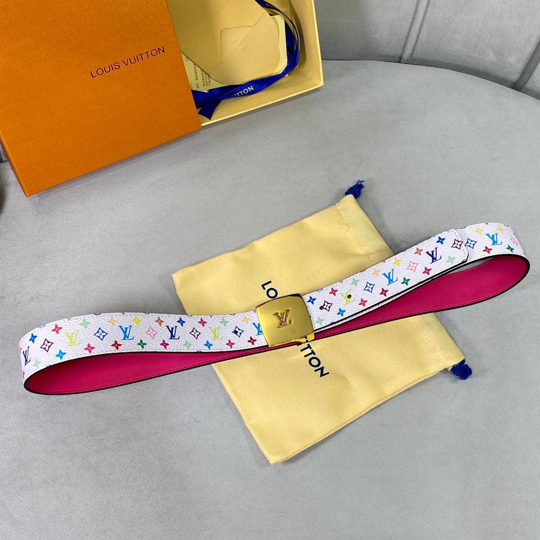 LV 35 MM BELT MULTICOLOR WHITE MIX LIGHT PINK MONOGRAM CALFSKIN GOLD HARDWARE - 30