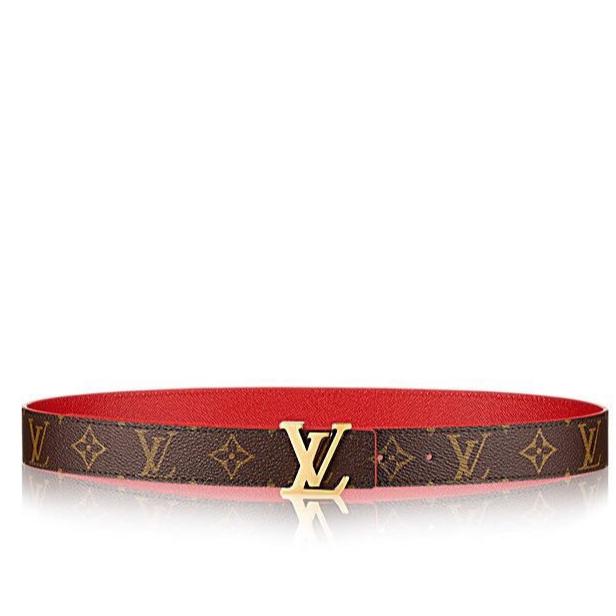 LV INITIALES 30 MM REVERSIBLE BELT IN BROWN MONOGRAM AND CHERRY RED CALFSKIN GOLD HARDWARE - 30