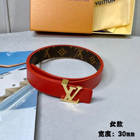 LV FLOWERGRAM 30MM REVERSIBLE BELT IN CHERRY RED CALFSKIN GOLD HARDWARE - 30