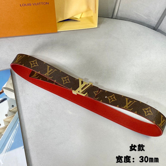 LV INITIALES 30 MM REVERSIBLE BELT IN BROWN MONOGRAM AND CHERRY RED CALFSKIN GOLD HARDWARE - 30