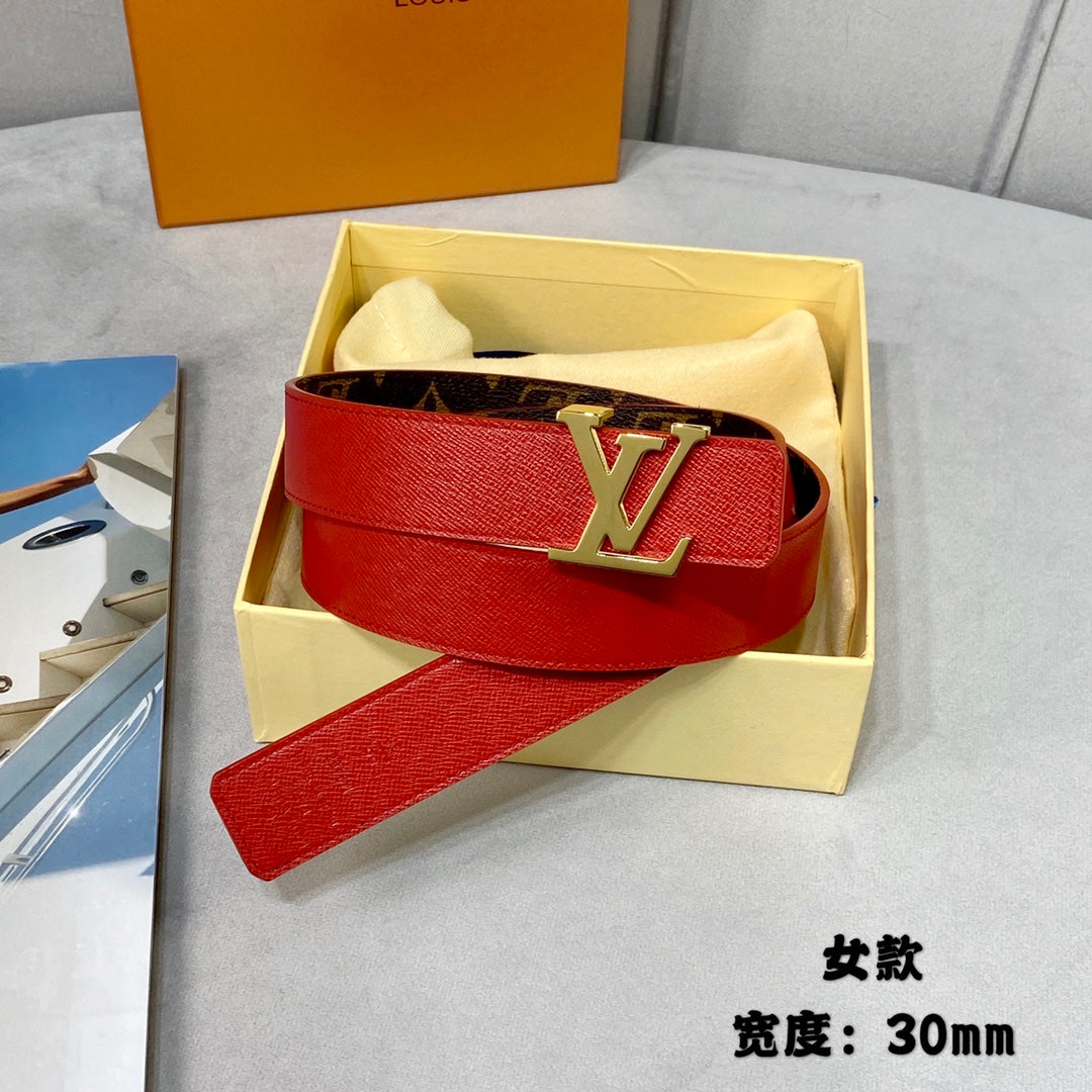 LV INITIALES 30 MM REVERSIBLE BELT IN BROWN MONOGRAM AND CHERRY RED CALFSKIN GOLD HARDWARE - 30