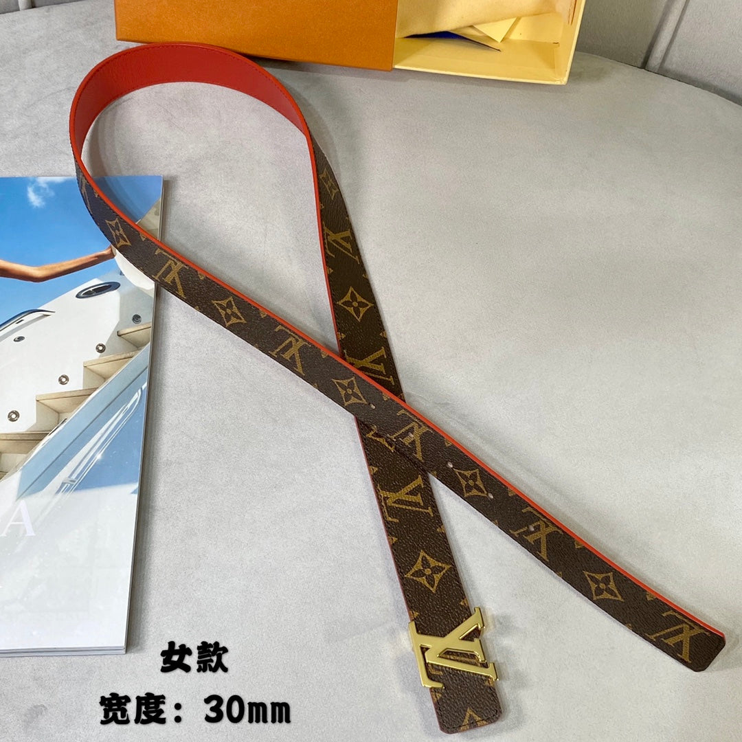 LV INITIALES 30 MM REVERSIBLE BELT IN BROWN MONOGRAM AND CHERRY RED CALFSKIN GOLD HARDWARE - 30