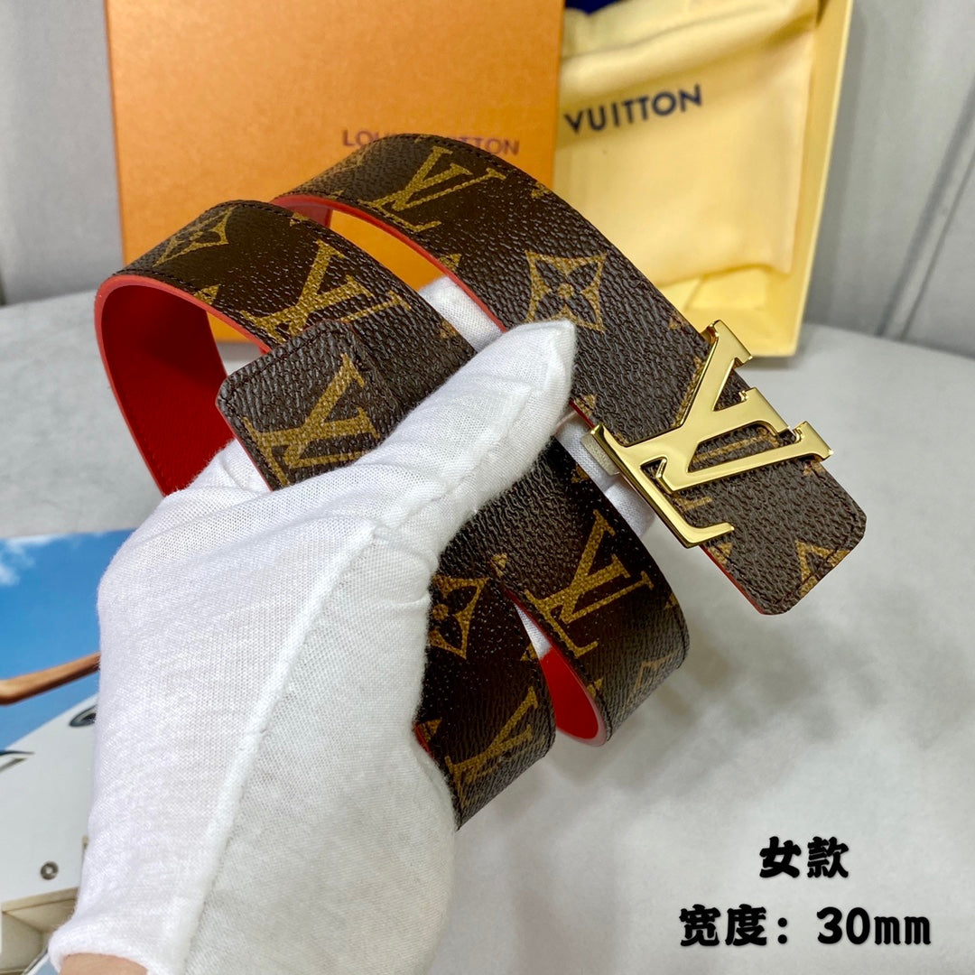 LV FLOWERGRAM 30MM REVERSIBLE BELT IN CHERRY RED CALFSKIN GOLD HARDWARE - 30