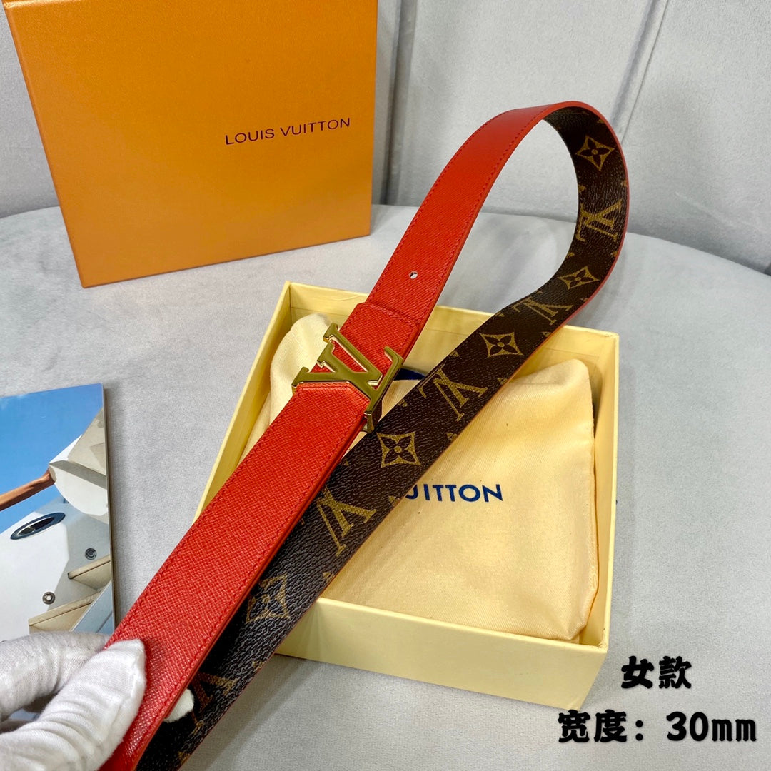 LV FLOWERGRAM 30MM REVERSIBLE BELT IN CHERRY RED CALFSKIN GOLD HARDWARE - 30