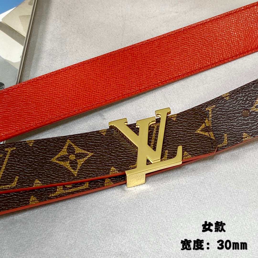 LV FLOWERGRAM 30MM REVERSIBLE BELT IN CHERRY RED CALFSKIN GOLD HARDWARE - 30