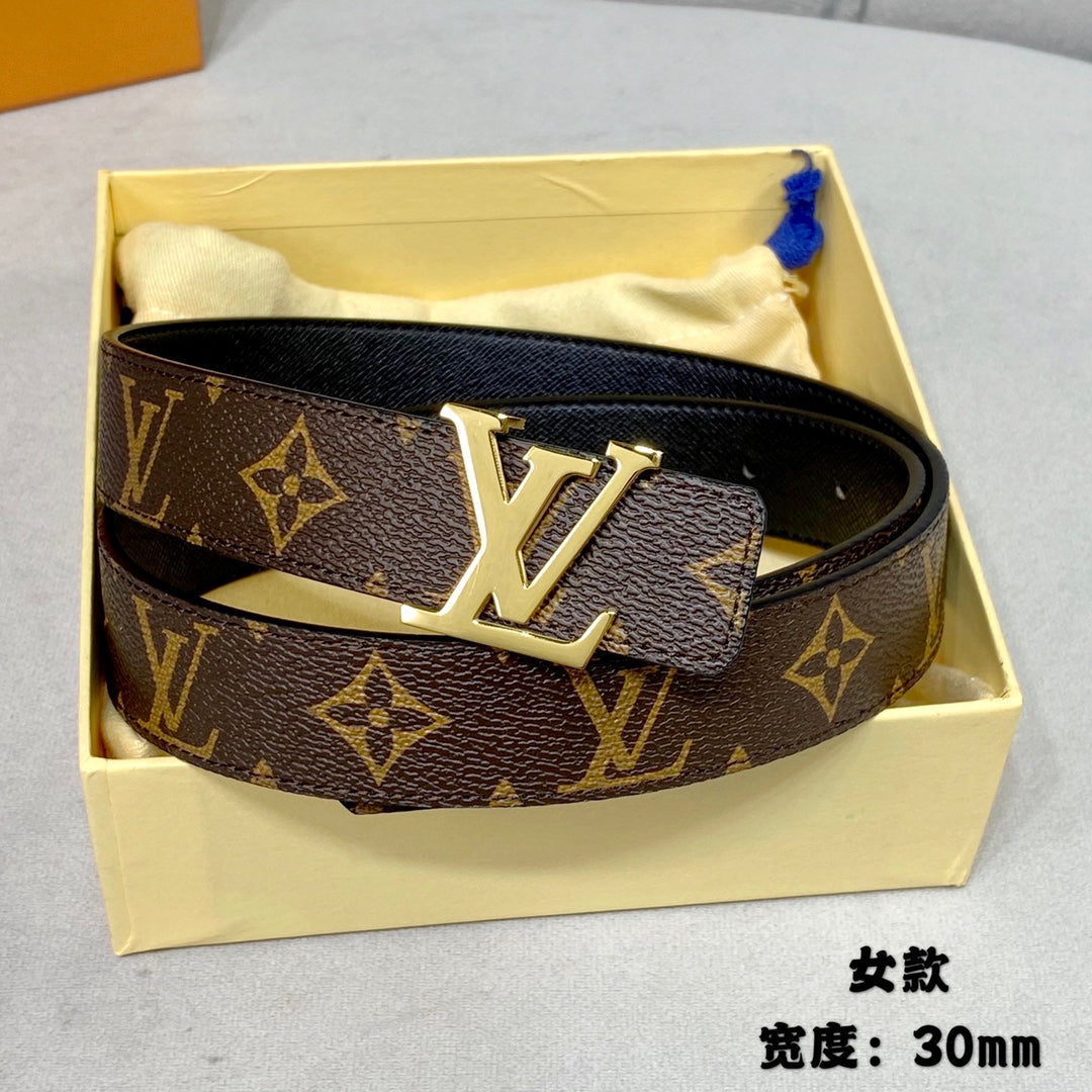 LV INITIALES 30 MM REVERSIBLE BELT IN BROWN MONOGRAM AND BLACK CALFSKIN GOLD HARDWARE - 30
