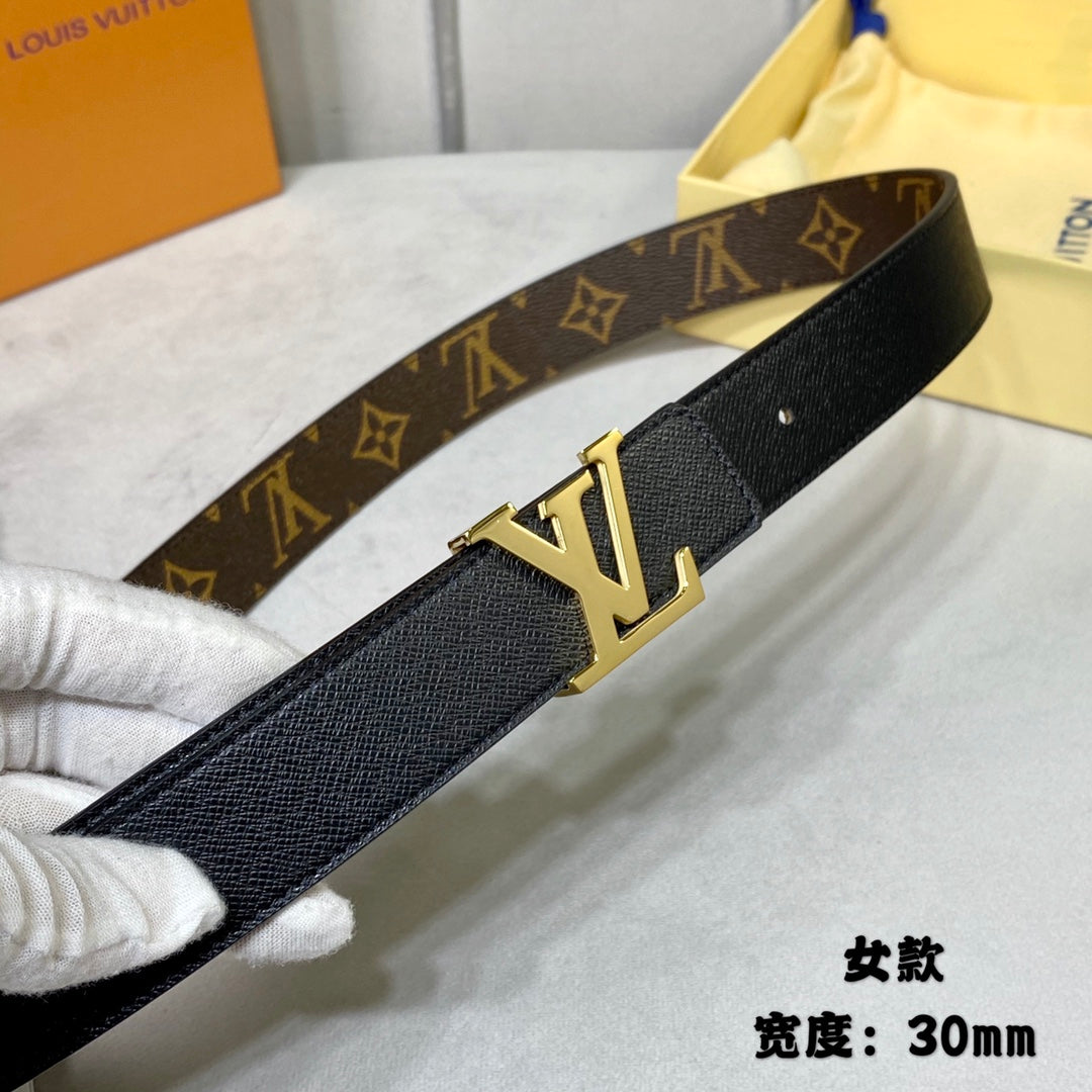 LV INITIALES 30 MM REVERSIBLE BELT IN BROWN MONOGRAM AND BLACK CALFSKIN GOLD HARDWARE - 30