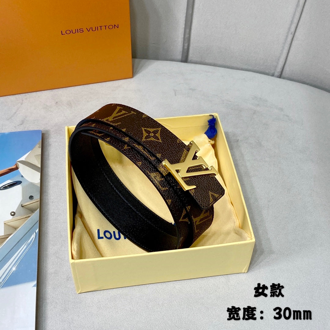 LV INITIALES 30 MM REVERSIBLE BELT IN BROWN MONOGRAM AND BLACK CALFSKIN GOLD HARDWARE - 30