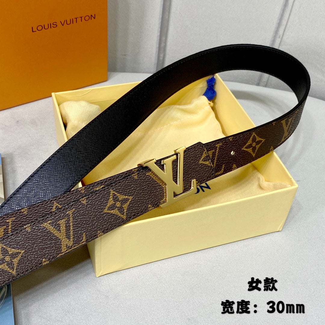 LV INITIALES 30 MM REVERSIBLE BELT IN BROWN MONOGRAM AND BLACK CALFSKIN GOLD HARDWARE - 30