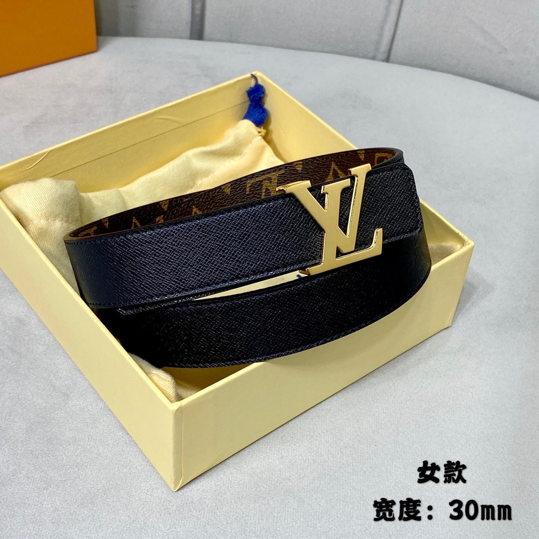 LV INITIALES 30 MM REVERSIBLE BELT IN BROWN MONOGRAM AND BLACK CALFSKIN GOLD HARDWARE - 30