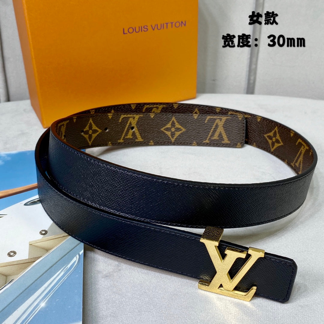 LV INITIALES 30 MM REVERSIBLE BELT IN BROWN MONOGRAM AND BLACK CALFSKIN GOLD HARDWARE - 30