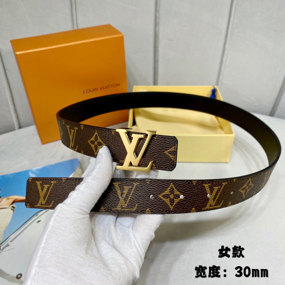 LV INITIALES 30 MM REVERSIBLE BELT IN BROWN MONOGRAM AND BLACK CALFSKIN GOLD HARDWARE - 30