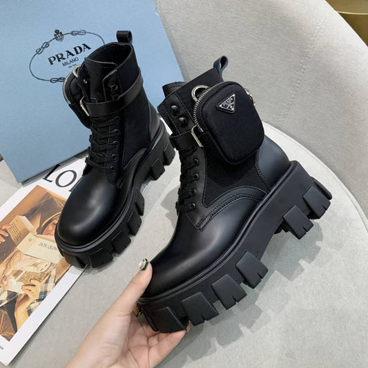 PRADA 26S ВИСОКІ ЧЕРЕВИКИ MONOLITH З ЧОРНОЇ ТЕЛЯЧОЇ ШКІРИ ТА ТКАНИНИ З КИШЕНЕЮ